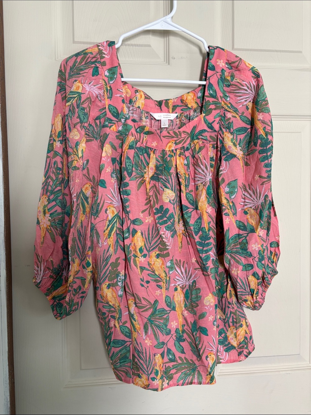 LC Lauren Conrad Pink Tropical Parrot Print Peasant Top - Size L